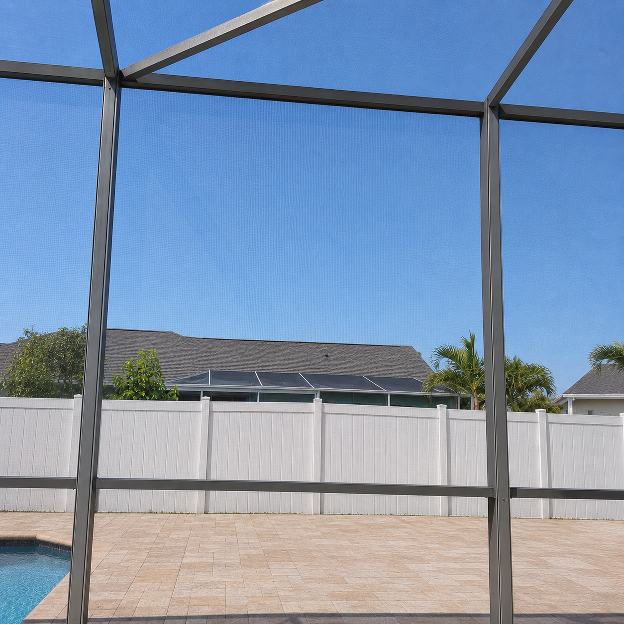 Same pool cage panel fully re-screened and repaired after storm damage